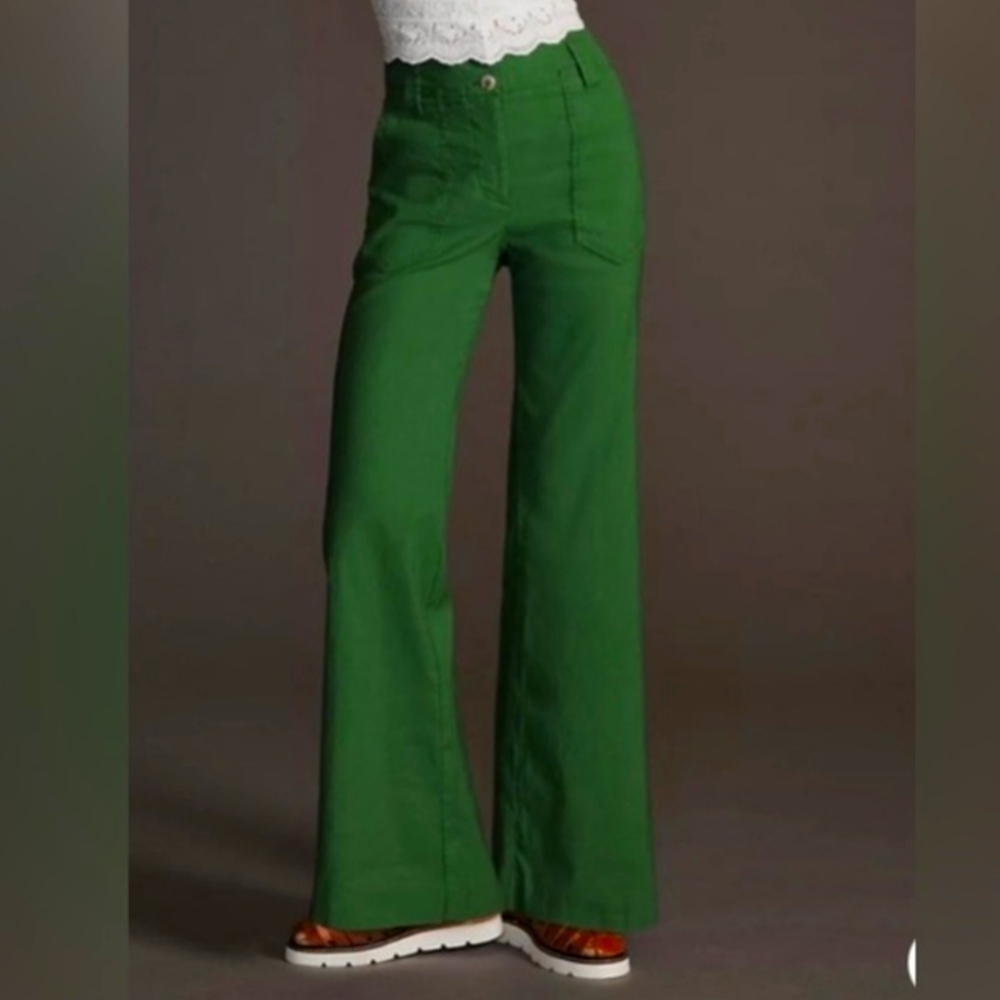 Maeve Anthropologie Naomi Wide Leg Flare Pants Green Linen Blend  Size 4